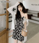 bỏ sỉ set đầm 2 dây hoa đen kết hợp khoác trắng